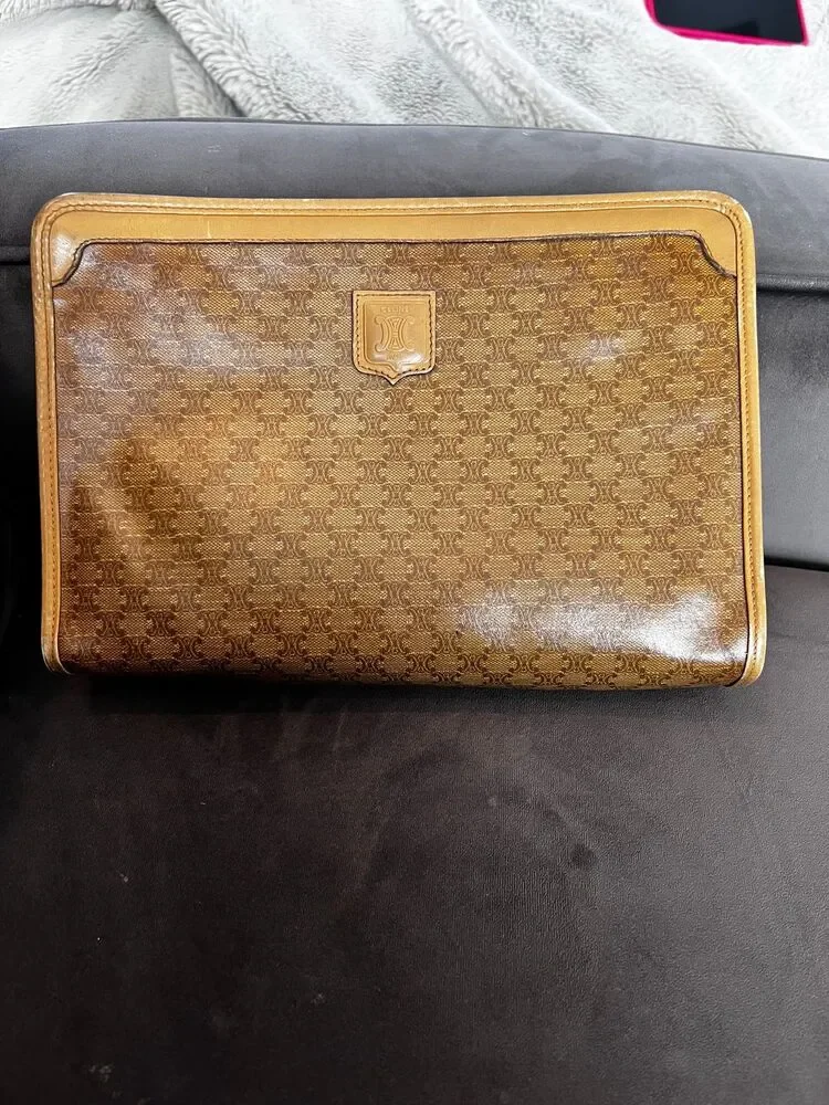 Celine Triomphe Monogram Clutch Bag Brown Vintage Women's Handbag - Picture 5 of 10